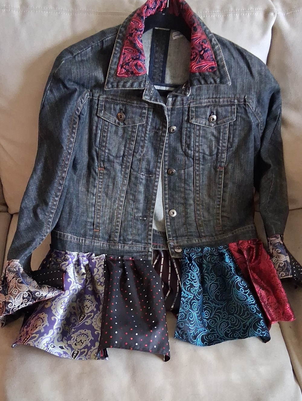 Dark Denim Jean Jacket  Upcycled By Verasupcycled with Colorful Satin Trim M